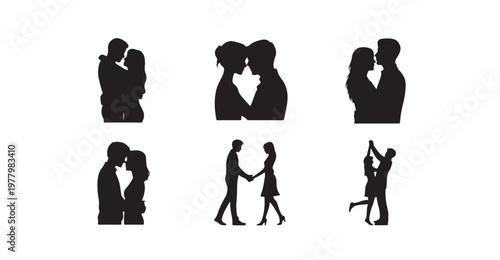 Silhouettes of romantic couples displaying affection and love set against white background.