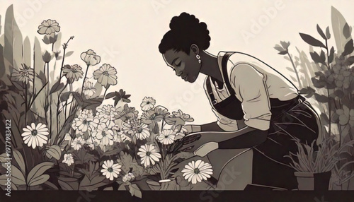Woman tending to blooming flowers in a garden setting.