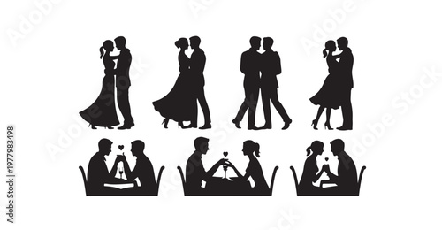 Couple enjoying romantic dinner and dancing silhouettes for love celebrations.