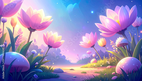 Glowing pink blossoms lining a dreamy path through a magical grove. Fantasy flowers with soft light and sparkles in a twilight scene. Enchanting floral pathway filled with wonder, color, and calm