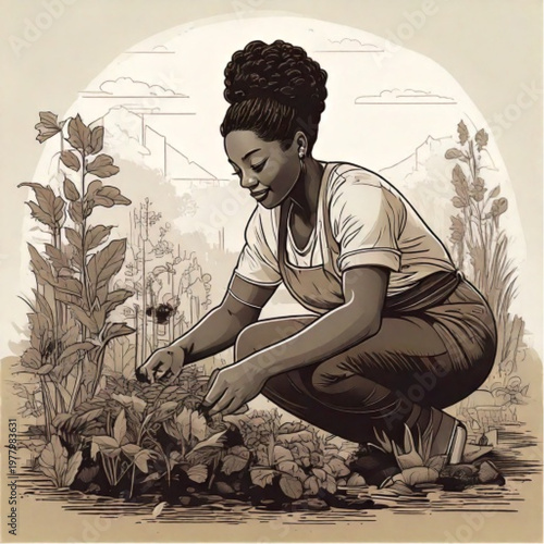 Woman tending to plants in a garden setting.