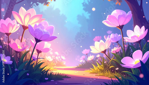 Whimsical pink flowers rising above a luminous fairy garden trail. Dreamy blossoms and mushrooms in a pastel enchanted landscape. Playful floral scene glowing with magic, color, and gentle light