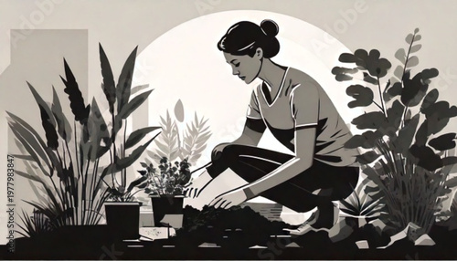Woman Tending to Plants in a Garden Setting.