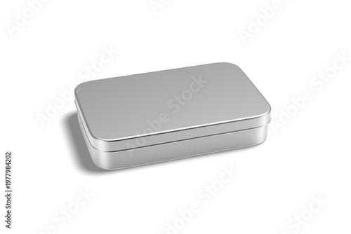 Angled Silver Metal Tin Box Mockup with Rounded Edges, 3D Illustration