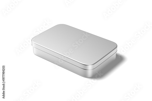 Silver rectangular tin container mockup with closed lid isolated, 3D Illustration