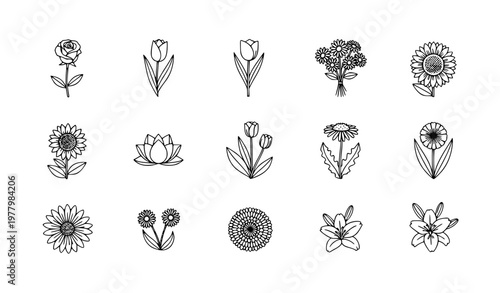 Flower line icon set with blooming plants in editable stroke outline style for floral shop isolated on white