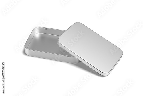 Open silver rectangular tin container with lid removed mockup isolated, 3D Illustration