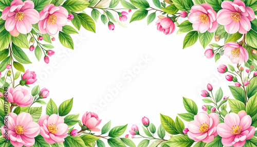 Watercolor blossom border with airy center and fresh foliage. Romantic botanical surround for stationery, greeting, celebration. Elegant pink petals framing spacious layout upon white canvas