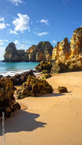 A sandy beach with large rocks and a clear blue sea