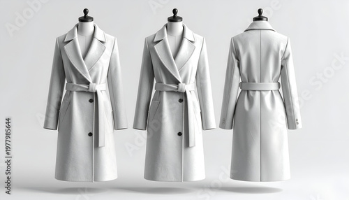 Three views of a long, white belted coat on a mannequin, front and back shown