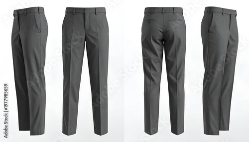 Formal grey trousers, shown front, side and back views, on a white backdrop