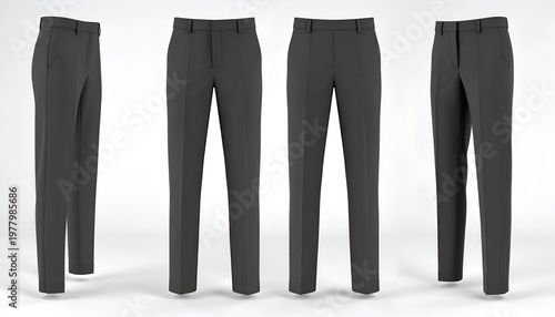 Four views of formal dark grey trousers, rendered against a plain white backdrop