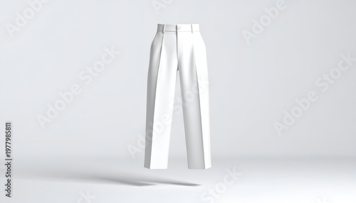 Realistic, minimalist, high-waisted, white trousers appear to float against a light background