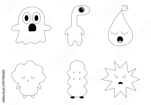 Cute doodle monster emotions coloring pages set in simple line art style. Collection of adorable funny characters showing different emotions like surprise, sleep, sadness and fear. 