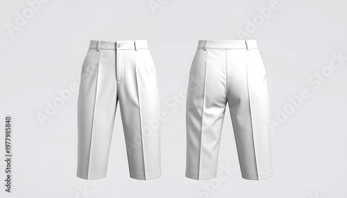 Front and back views of white, knee-length, pleated trousers, rendered against a neutral backdrop