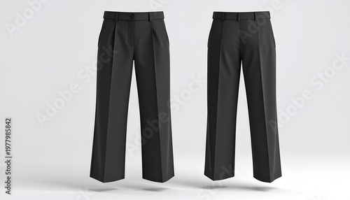 Front and back views of tailored, black, wide-leg trousers, isolated on a white background