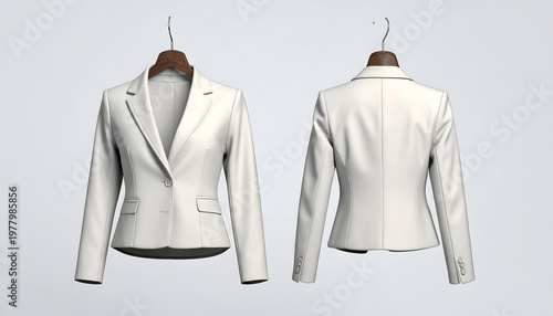 Front and back views of a tailored, cream-colored women's blazer on wooden hangers