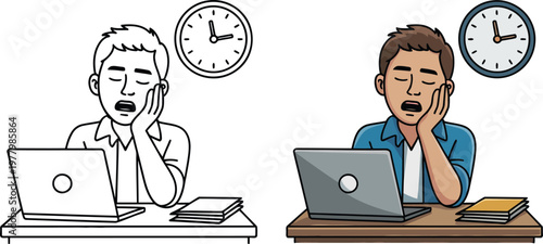 Tired Corporate Employee Yawning at Office Desk for Workplace Fatigue Sleep Deprivation and Professional Productivity Management During Late Night Overtime Hours