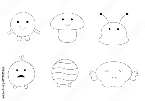 A set of coloring pages featuring cute doodle characters expressing a variety of emotions, in a simple, minimalist line art style.