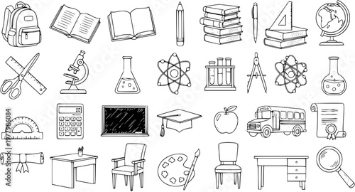 Education School Supplies and Classroom Objects Vector Doodle Set. Hand Drawn Black and White Line Art Icons for Learning, Study, and Teaching Themes