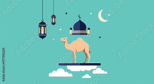 Camel stands on a cloud beneath a mosque silhouette and hanging lanterns during a peaceful night of Ramadan season.