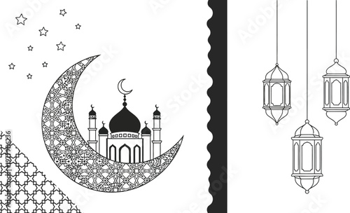 Mosque silhouette sits inside a patterned crescent moon surrounded by hanging lanterns and twinkling stars in black.