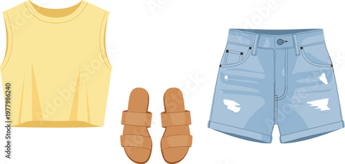 Summer outfit crop top shorts and sandals for women.