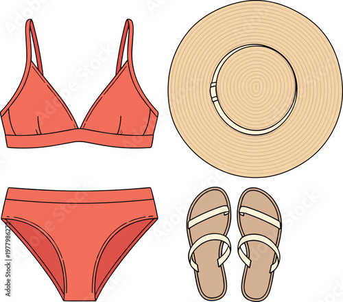 Coral bikini and wide brim sun hat with flip flop sandals for beach vacation.