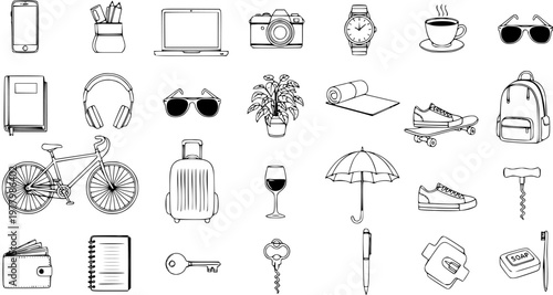 Black and White Line Art Collection of Lifestyle, Travel, and Everyday Objects. Hand-drawn Daily Essentials and Personal Accessories Outline Set.