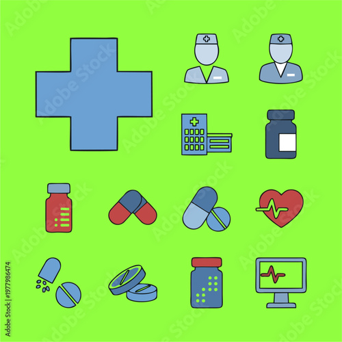 Medical and healthcare icons set with cross, doctors, hospital, pills, and heartbeat monitor.