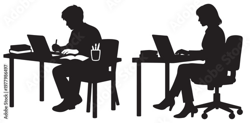 Two individuals working on laptops at separate desks in a focused manner