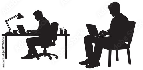 Two individuals working on laptops in contrasting office setups