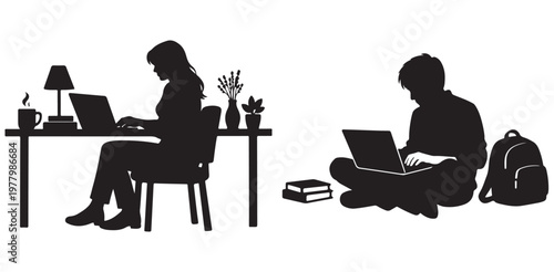 Two individuals engaged in focused laptop work in contrasting settings