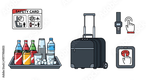 Air Travel Essentials Illustration Featuring Suitcase Safety Card Beverages and Devices.