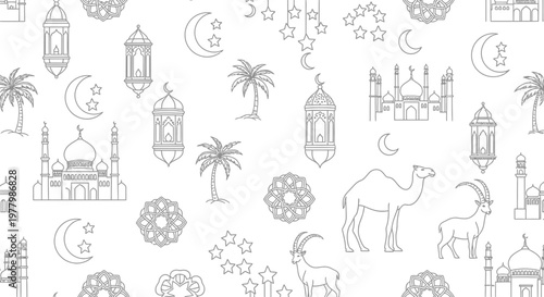 Pattern featuring mosques and camels creates a repetitive backdrop for various festive and traditional celebrations.
