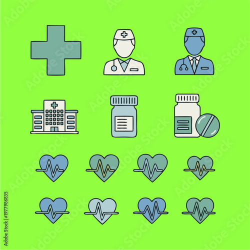 Medical and healthcare icons set with doctors, hospital, medicine, and heartbeats.