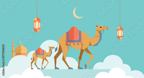 Camels walk across a landscape decorated with hanging lanterns and a crescent moon during the holy month period.