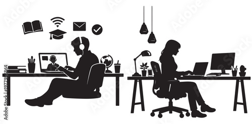 Two individuals participating in online education or remote work sessions