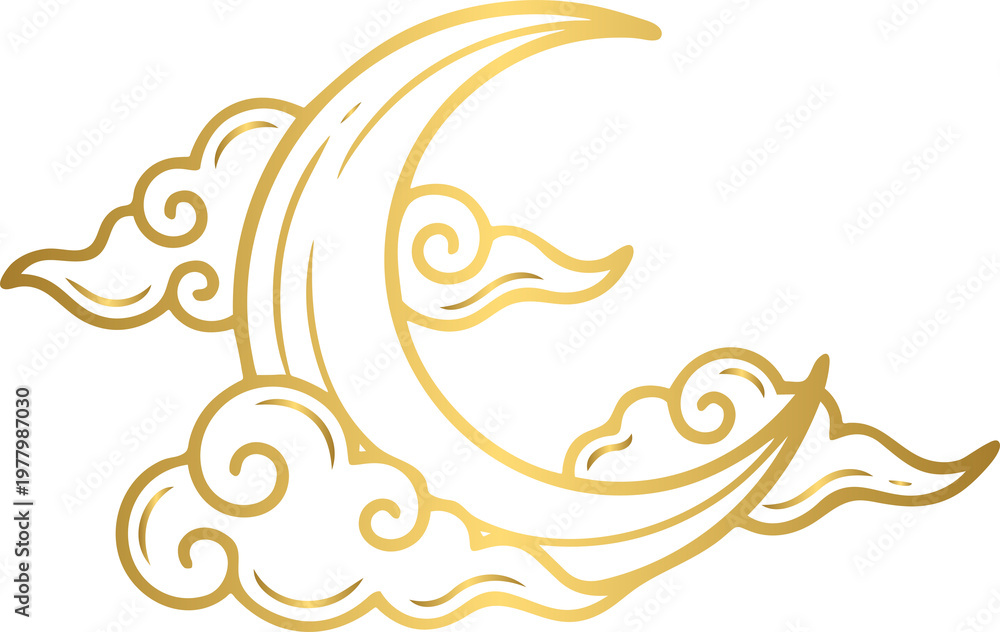 Fototapeta premium Golden dreamy hand-drawn cloud and crescent moon with stars