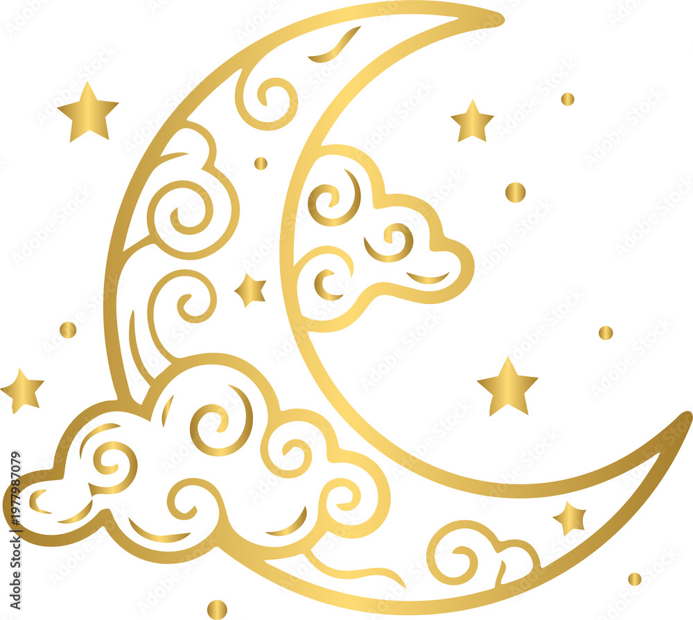 Fototapeta premium Golden dreamy hand-drawn cloud and crescent moon with stars