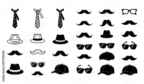 Assorted men's accessories collection including ties hats mustaches and glasses black and white graphic