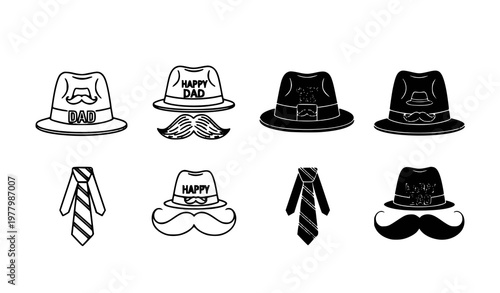 Father's Day themed graphic elements including hats ties and mustaches with celebratory text