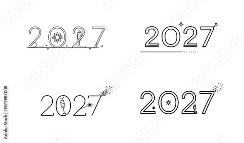 Modern typography for year 2027 with festive celebratory elements and champagne glasses