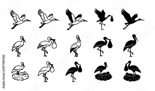 Stork family delivering baby in bundle vector graphics set on white background