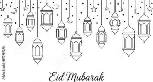 Lanterns and crescent moons decorate this festive background design created to celebrate the holy Eid Mubarak season.