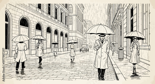 Monochrome illustration of people with umbrellas walking on a wet city street in the rain, featuring classic European architecture and vintage style.