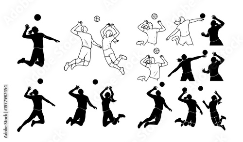 Volleyball players in dynamic poses serving jumping and spiking graphic
