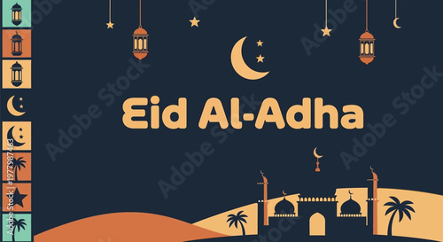 Eid Al-Adha greeting with moon, mosque, and lanterns on a festive dark background.
