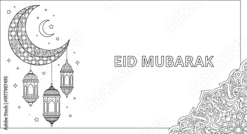 Eid Mubarak greeting with ornate crescent moon, lanterns, and decorative border for festive use.