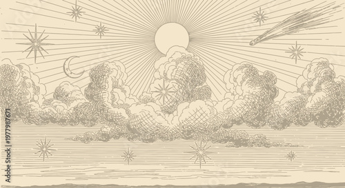 Vintage celestial sky illustration with sun, moon, stars, clouds, and comet. Engraved cosmic landscape and heavenly bodies.